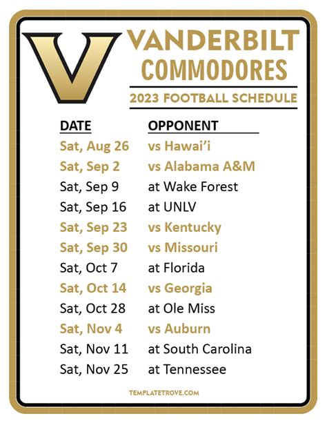 Vanderbilt Football 2023 Schedule